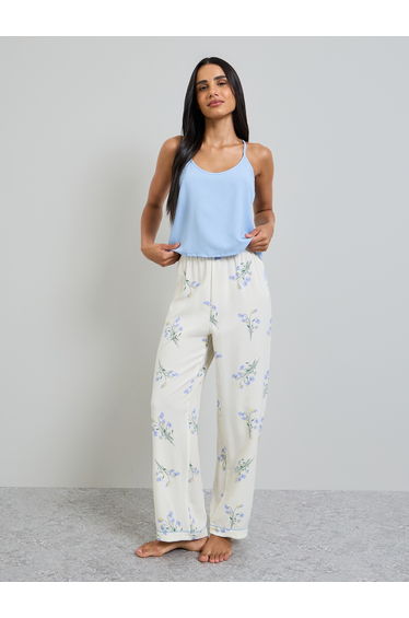 Solid Cami and Floral Print Pyjama Set