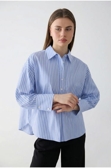 Blue-Beige Striped Half-Buttoned Oversized Woven Blouse