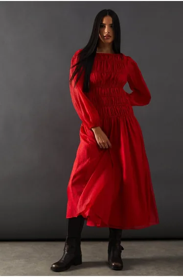 Shirred Chiffon Panel Bodice Midi Dress