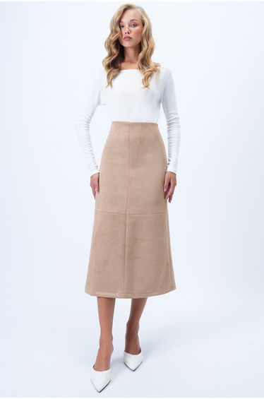 Women's Beige Hidden Zippered Stitch Detailed Faux Suede Maxi Skirt