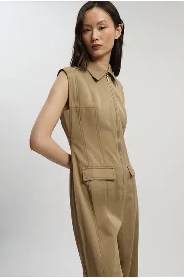 Tencel Cotton Contrast Stitch Zip Front Woven Jumpsuit