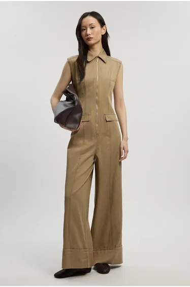 Tencel Cotton Contrast Stitch Zip Front Woven Jumpsuit