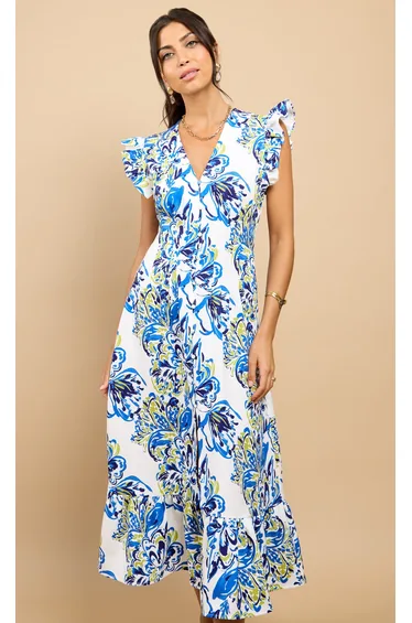 فستان ميداكسي بأزرار بطبعة أزهار - أزرق