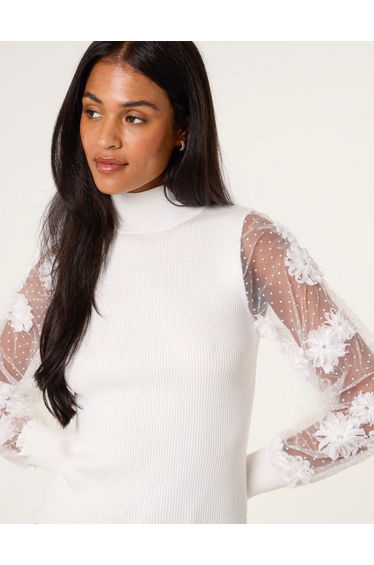 Turtle Neck Jumper With Mesh Polka Dot And Flower Detailed Sleeve