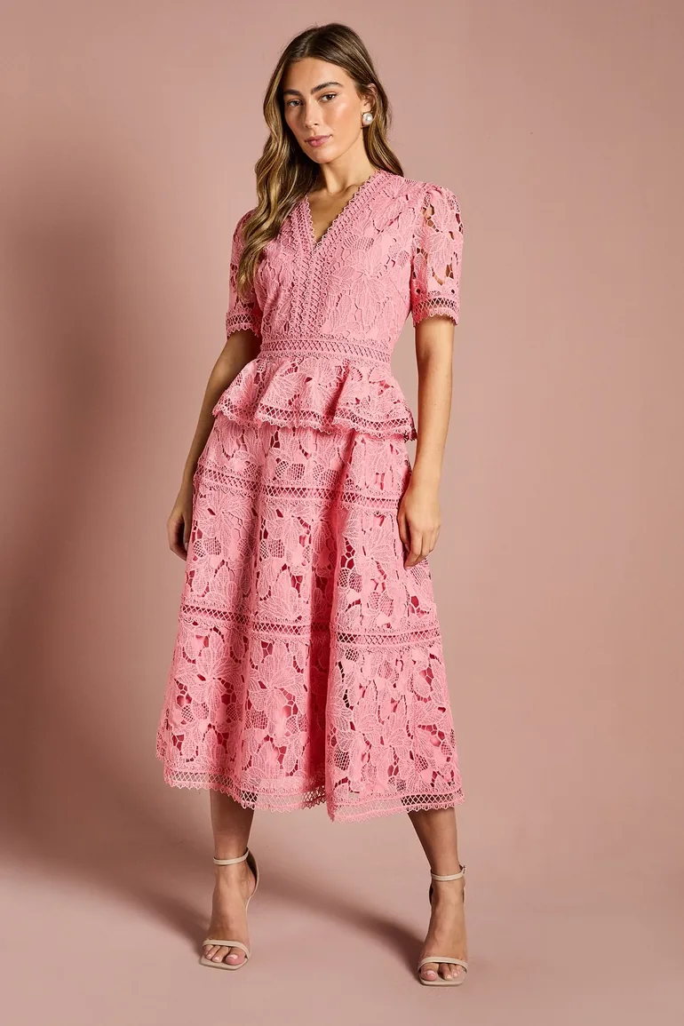 V Neck Peplum Tiered Lace Dress Coast Fashion : Premium Dresses : VogaCloset Bahrain V Neck Peplum Tiered Lace Dress Coast Fashion : Premium Dresses : VogaCloset Bahrain