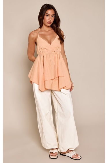 Peach Cotton Linen Blend Frill Detail Cami Top