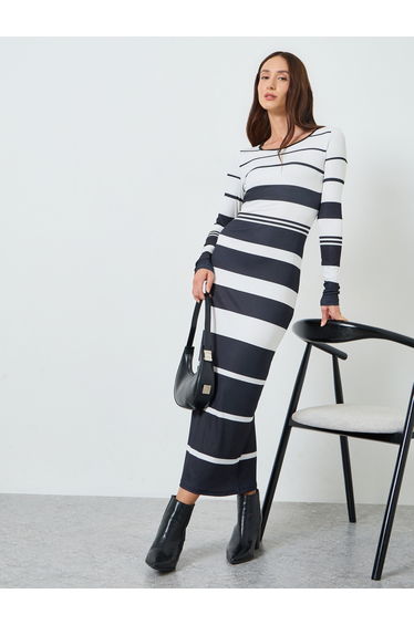 Women Mono Striped Bodycon Midi Dress