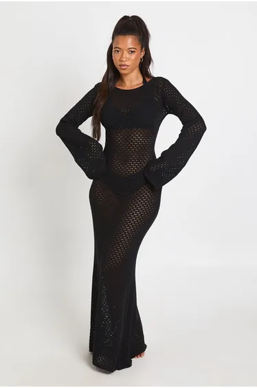Backless Long Sleeve Crochet Beach Dress - black