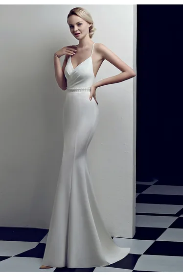 Beaded Waist Crisscross Open Back Cami Gown in White