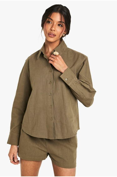 Linen Look Oversized Shirt - khaki