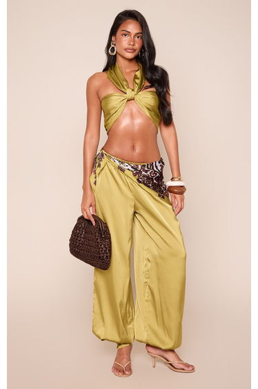 Olive Satin Balloon Scarf Tie Detail Trousers