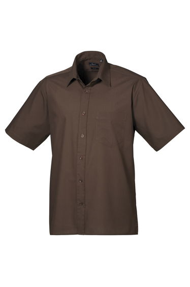 Premier Mens Short Sleeve Formal Poplin Plain Work Shirt - Brown