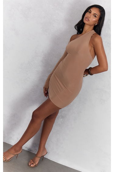 Beige Slinky One Sleeve Bodycon Mini Dress