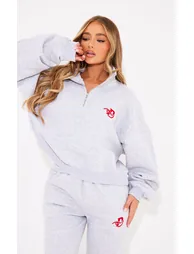 PRETTYLITTLETHING Ash Grey Logo Embroidered Half Zip Sweatshirt