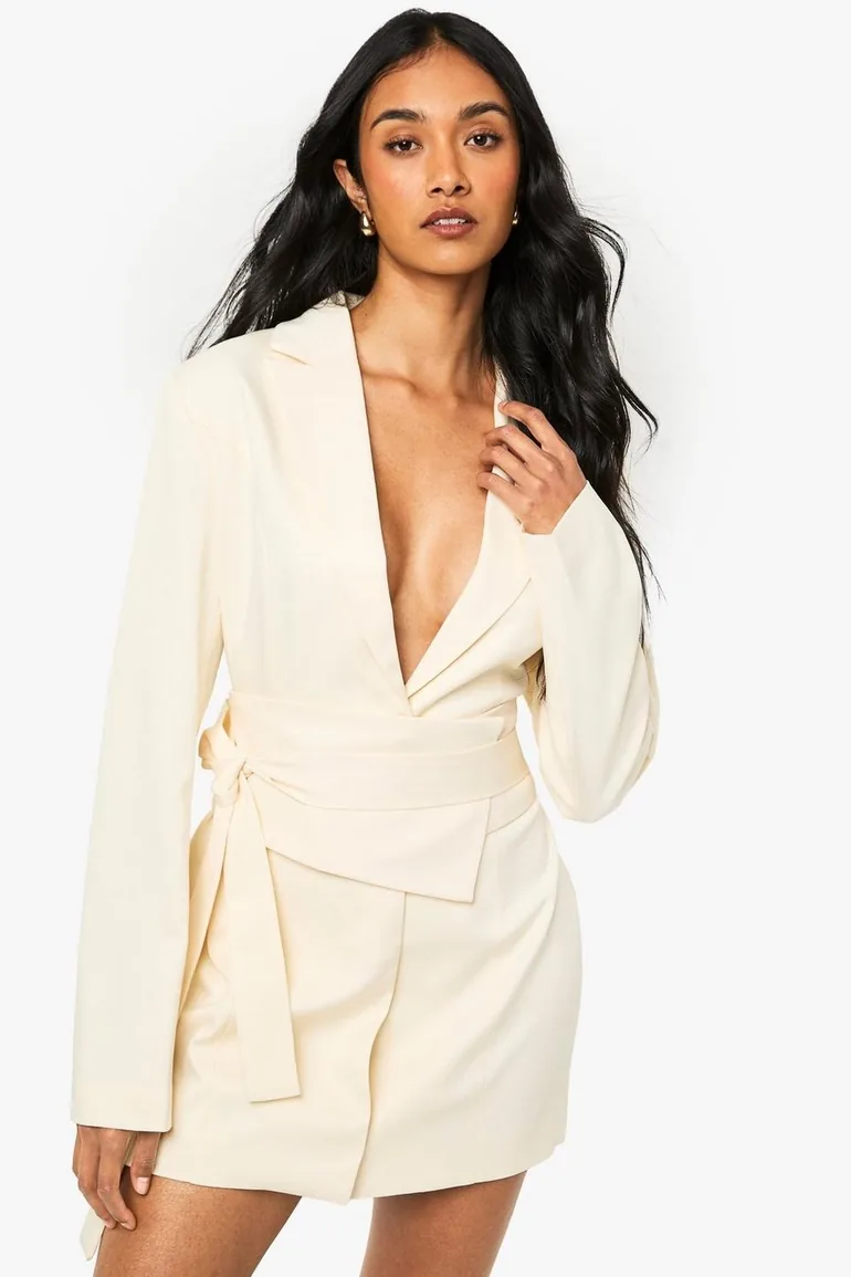 Tailored Belt Detail Blazer Dress - cream - 2