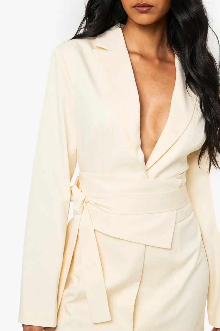 Tailored Belt Detail Blazer Dress - cream - 3