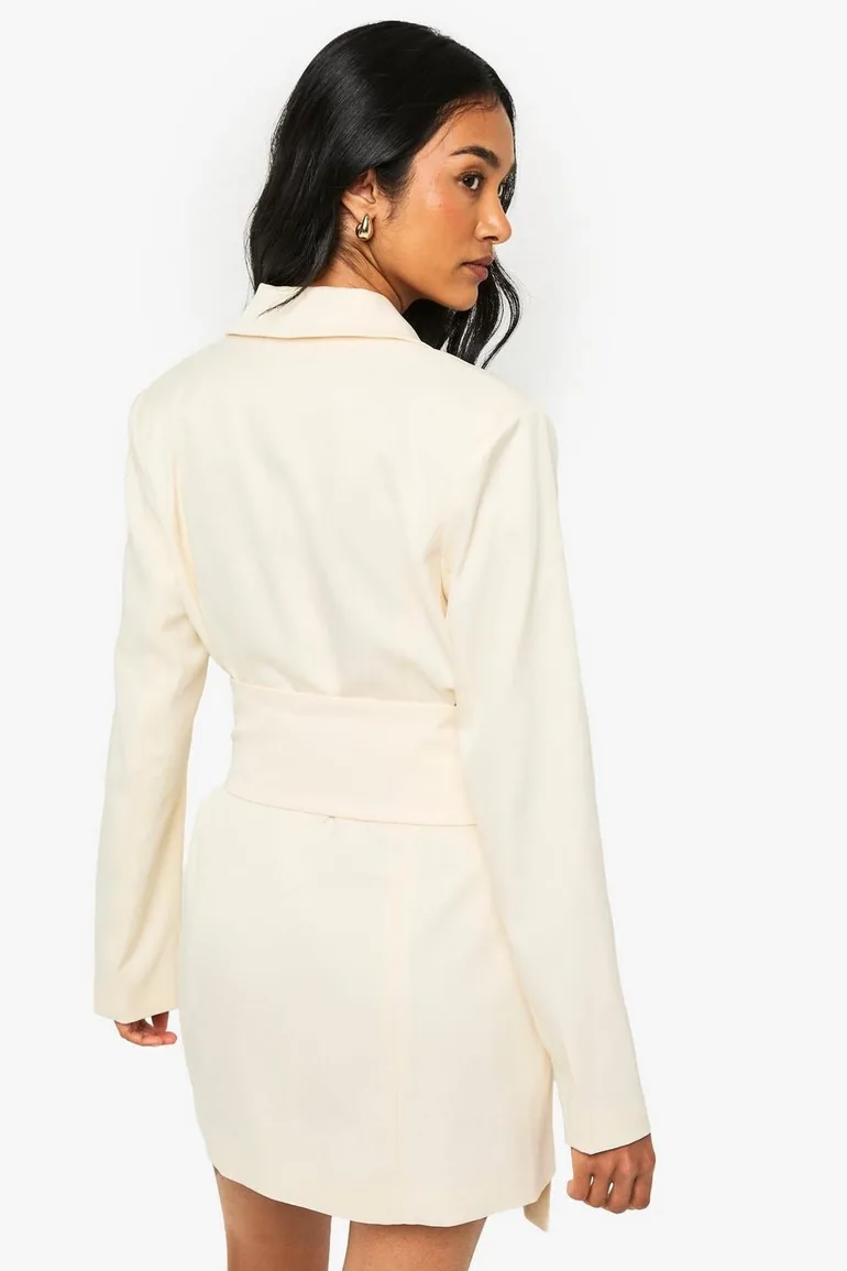 Tailored Belt Detail Blazer Dress - cream - 1