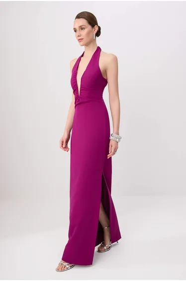 Plum Deep V-Neck Woven Maxi Evening & Graduation Dress