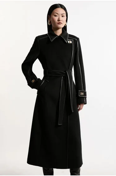 Petite Brushed Wool Pu Trim Belted Tailored Double Breasted Midi Coat