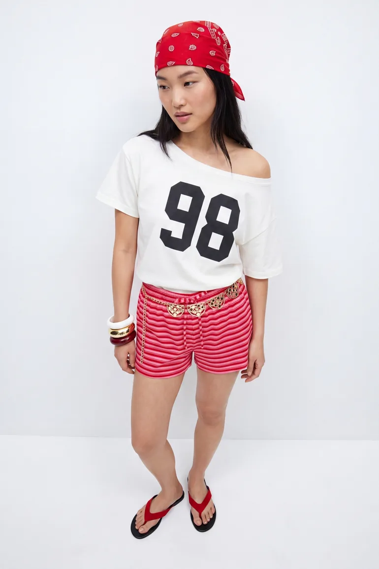 Ecru Slogan Relaxed Asymmetric Collar Drop Shoulder Short Sleeve Tok 100% Cotton Knitted Blouse - 5