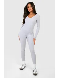 جمبسوت مضلع بياقة عميقة - رمادي