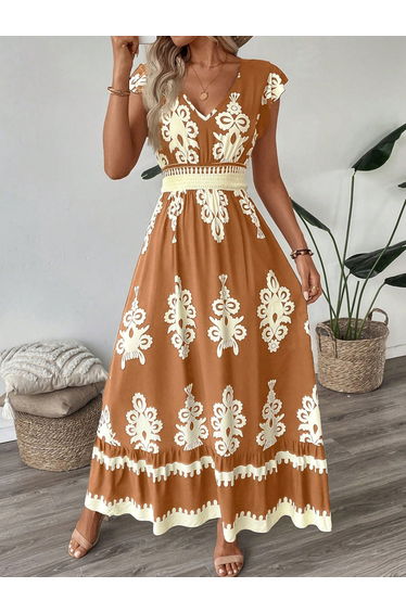 Women Orange Graphic Print Elastic Waist Maxi Dress