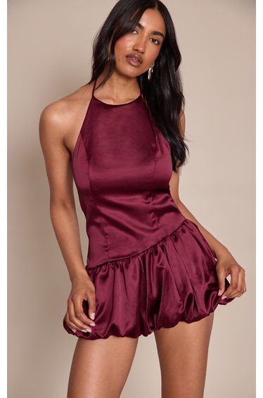 Plum Satin Halterneck Puff Ball Playsuit