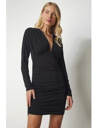 Black Ruched Bodycon Mini Party Dress with Long Sleeves - 2