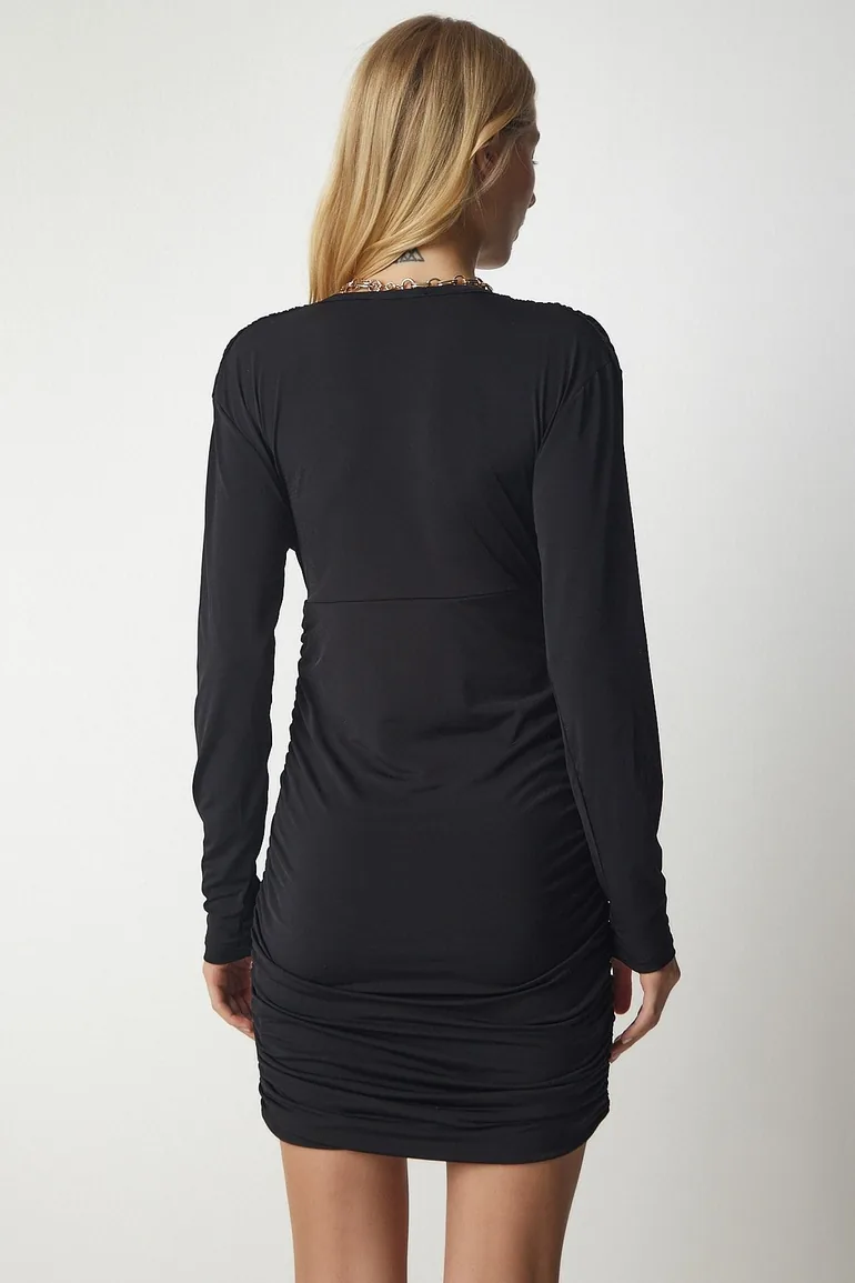 Black Ruched Bodycon Mini Party Dress with Long Sleeves - 5