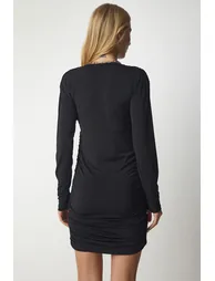 Black Ruched Bodycon Mini Party Dress with Long Sleeves - 5