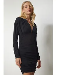 Black Ruched Bodycon Mini Party Dress with Long Sleeves - 4