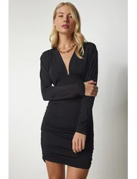 Black Ruched Bodycon Mini Party Dress with Long Sleeves - 3