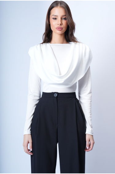 Women's Ecru Crew Neck Shoulders Draped Fixed Shawl Detailed Knitted Blouse