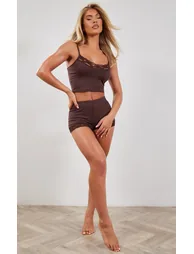 Chocolate Jersey Lace Trim Short Pj Set
