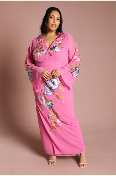 Plus Embroidered V Neck Wrap Midi Dress