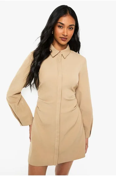 Cinched Waist Shirt Dress - stone
