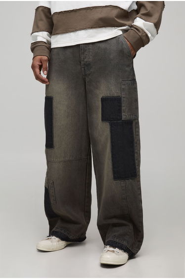Baggy Patchwork Washed Distressed Jeans - khaki