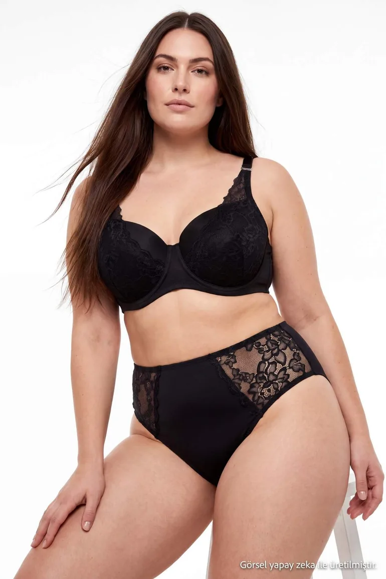 Black Covered Lace Detailed Plus Size Underwear Set - 5