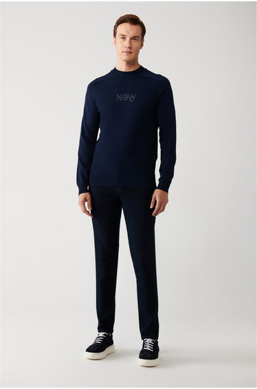 Men's Navy Blue Crew Neck Textured Rayon Knitwear Sweater
