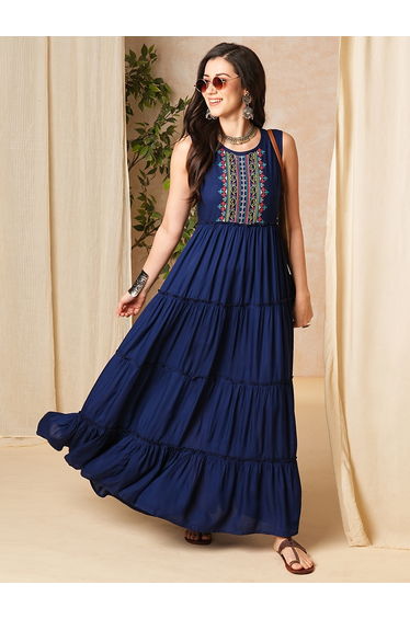 Women Embroidered Yoke Sleeveless Tiered Maxi Dress