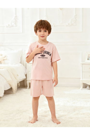 Boys Beige California Print T-Shirt and Shorts Pyjama Set