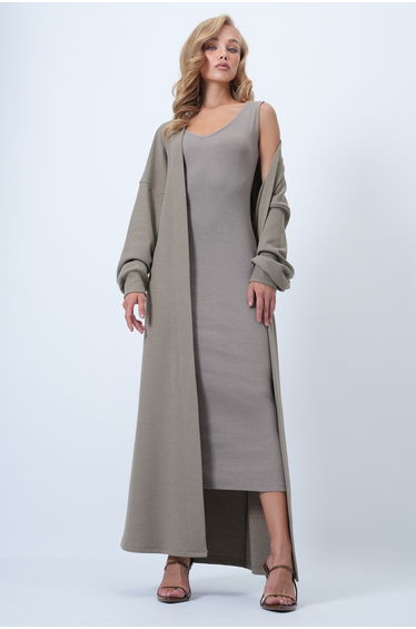 Women's Beige V-Neck Sleeveless Knitted Dress and Long Cardigan Set
