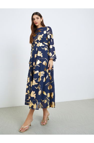 Women Navy Blue Foil Print A-Line Maxi Dress