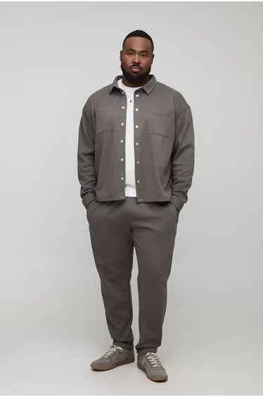 Plus Textured Over Shirt & Tapered Trouser Set - charcoal