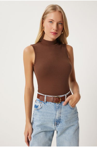 Women's Brown Turtleneck Cotton Knitted Blouse
