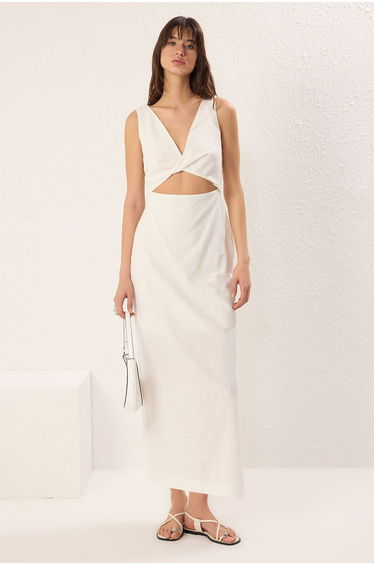 White A-Line Window Detailed Maxi Lined Woven Dress