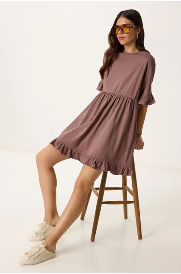 Women's Brown Flounced Summer Knitted Dress