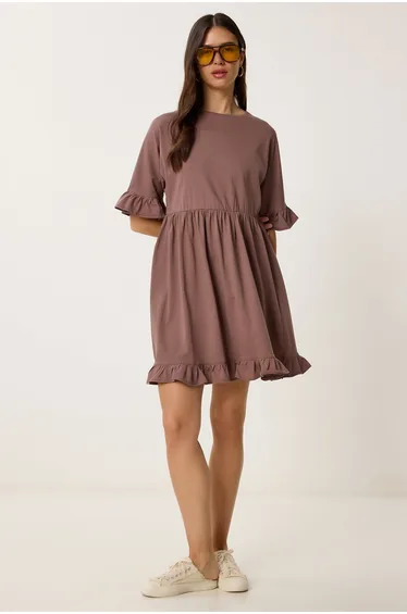 Women's Brown Flounced Summer Knitted Dress