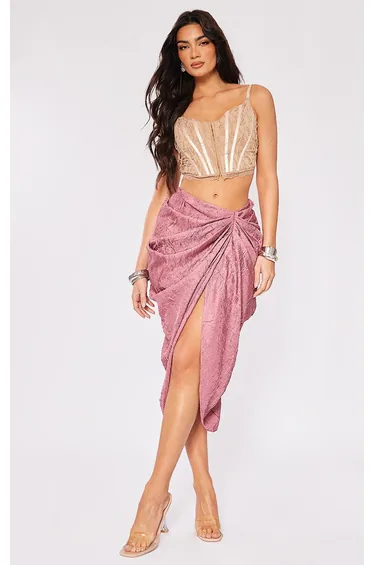Mauve Crinkle Satin Ruched Midaxi Skirt