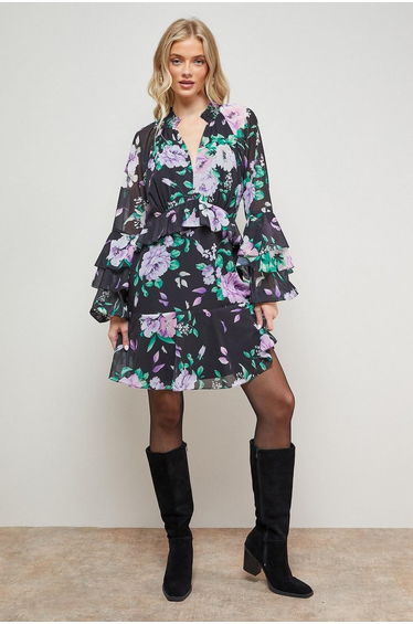 Printed Fluted Sleeve Ruffle Detail Mini Dress